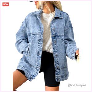 Women's Denim Jacket Button Front Drop Shoulder Casual Long Sleeve Pockets